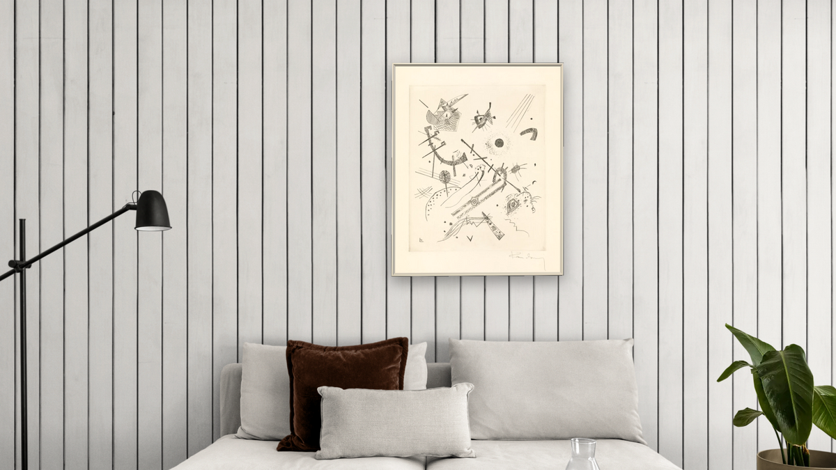 Kleine Welten XI (Small Worlds XI), from the portfolio Kleinen Welten (Small Worlds) by Wassily Kandinsky, shown at 32 × 40 in (81.3 × 101.6 cm) on canvas in Ramino Opaque White, living