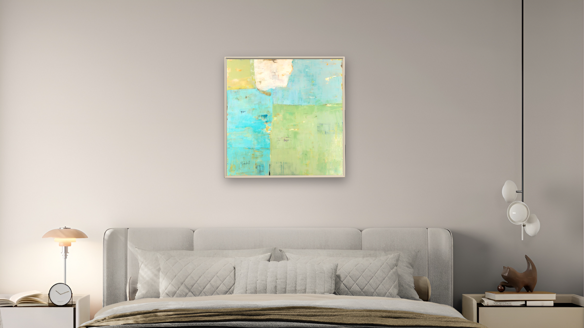 Fields by Louise Gaskill, shown at 32 × 32 in (81.3 × 81.3 cm) on canvas in Ramino Opaque White, bedroom