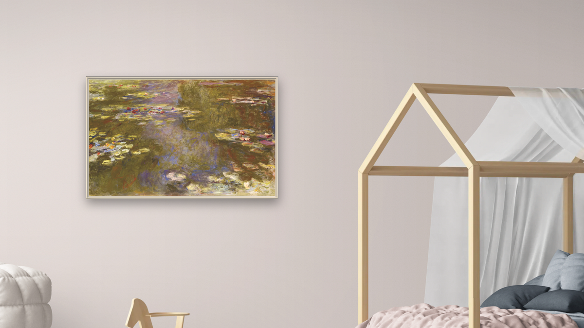 Water Lily Pond by Claude Monet, shown at 28 × 42 in (71.1 × 106.7 cm) on canvas in Ramino Opaque White, bedroom