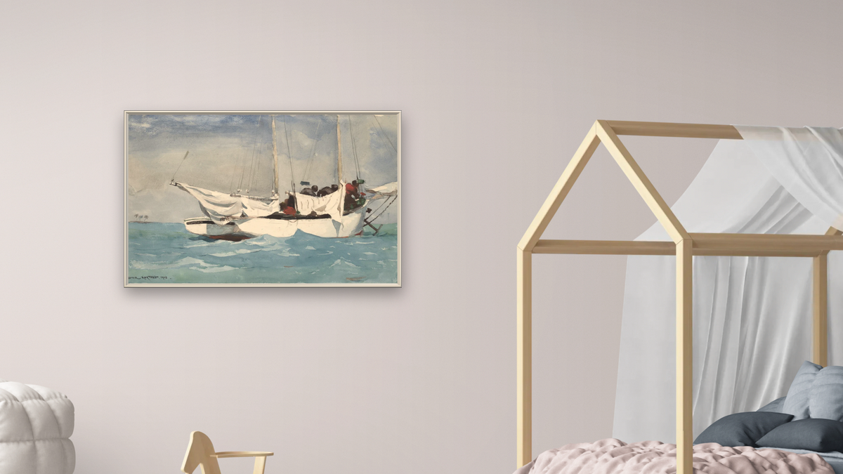 Key West, Hauling Anchor by Winslow Homer, shown at 28 × 42 in (71.1 × 106.7 cm) on canvas in Ramino Opaque White, bedroom