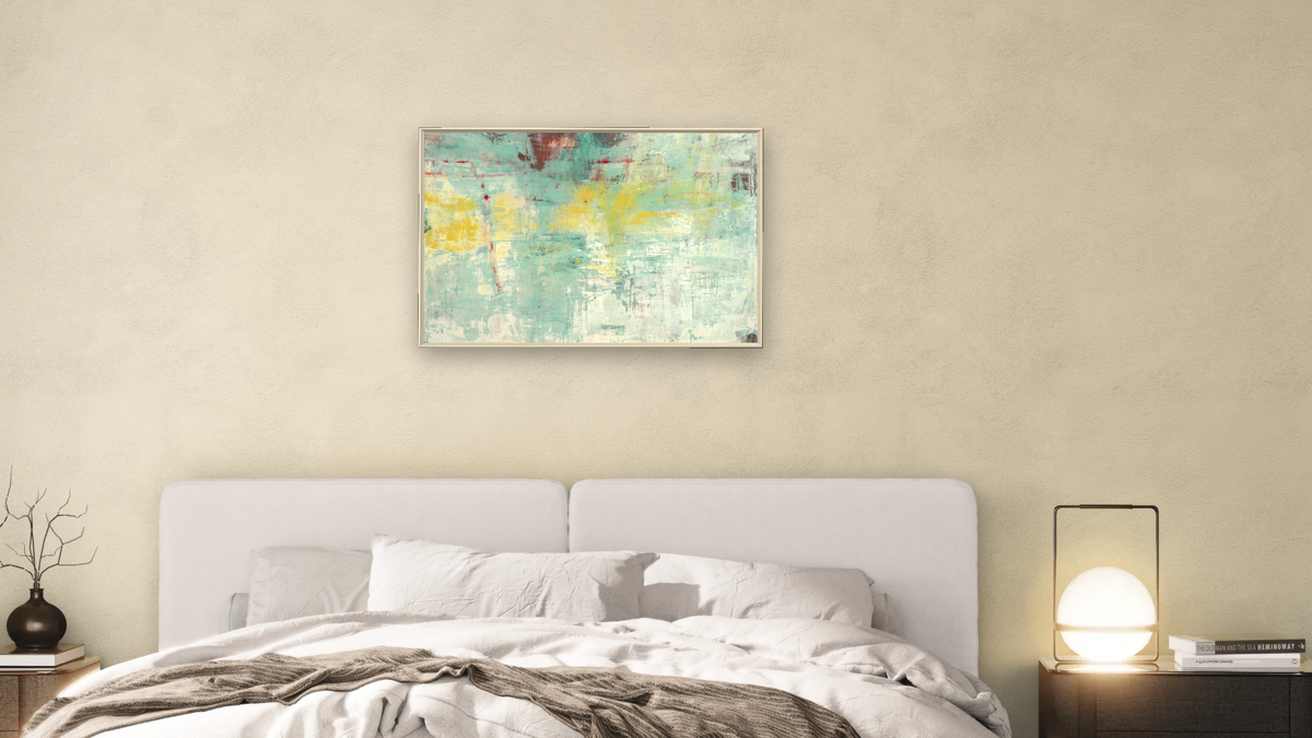 No. 175 by Michelle Oppenheimer, shown at 28 × 42 in (71.1 × 106.7 cm) on canvas in Ramino Opaque White, bedroom