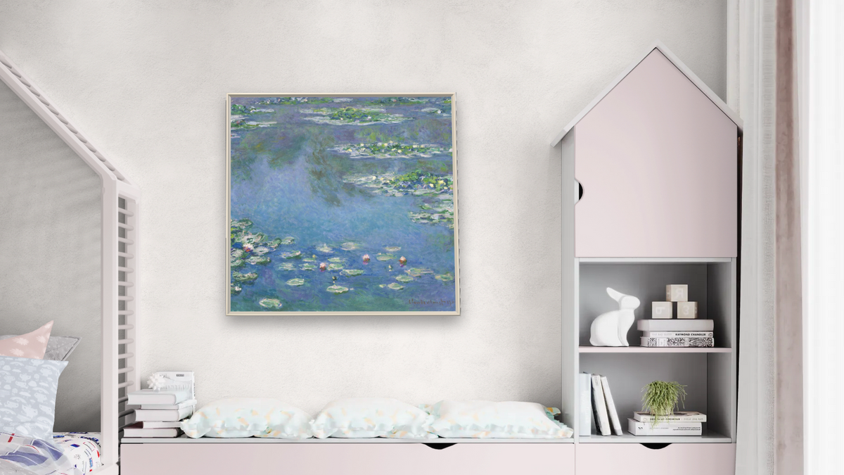 Water Lillies by Claude Monet, shown at 32 × 32 in (81.3 × 81.3 cm) on canvas in Ramino Opaque White, bedroom