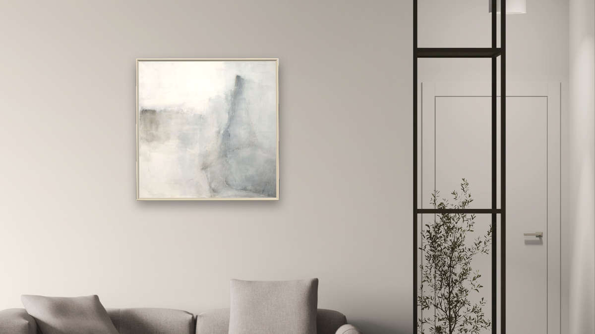 No. 285 by Michelle Oppenheimer, shown at 32 × 32 in (81.3 × 81.3 cm) on canvas in Ramino Opaque White, living