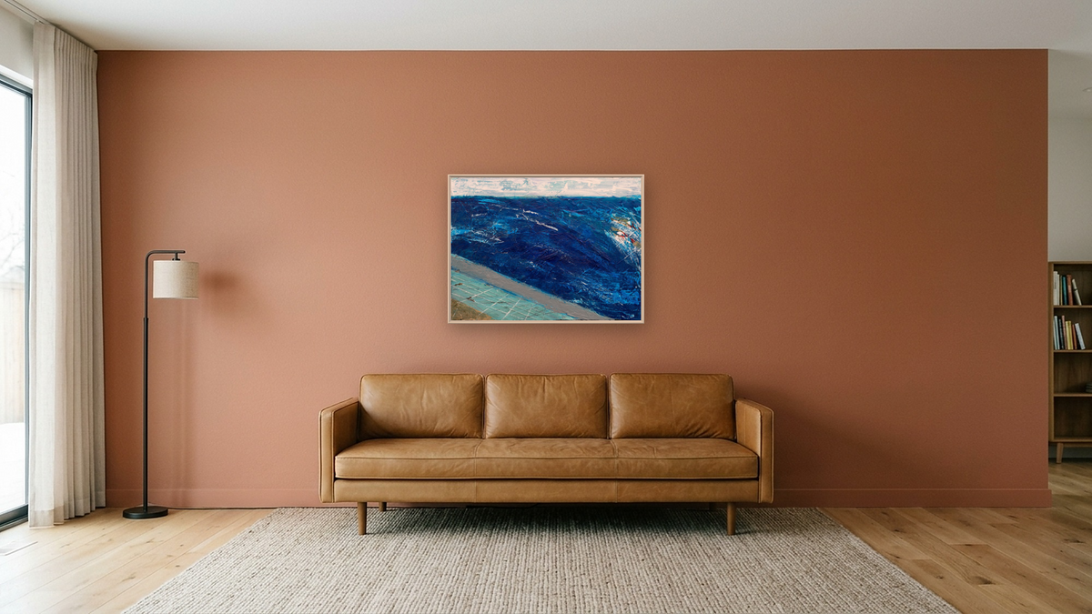 Troubled Waters by Dobee Snowber, shown at 30 × 40 in (76.2 × 101.6 cm) on canvas in Ramino Opaque White, media room