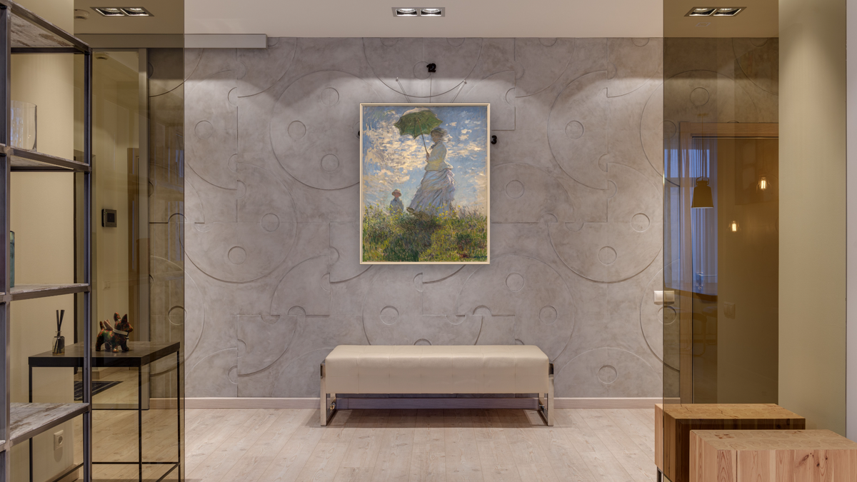 Woman with a Parasol - Madame Monet and Her Son by Claude Monet, shown at 32 × 40 in (81.3 × 101.6 cm) on canvas in Ramino Opaque White, hallway