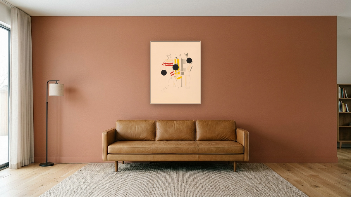 Sportsmen by El Lissitzky, shown at 32 × 40 in (81.3 × 101.6 cm) on canvas in Ramino Opaque White, media room