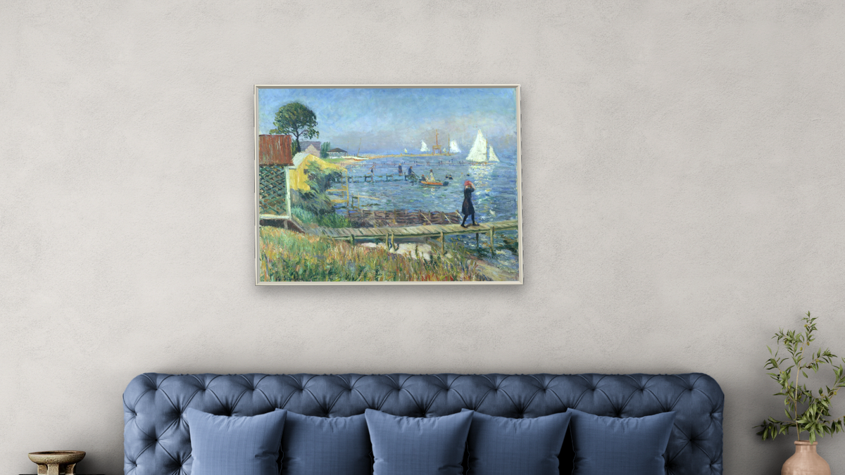 Bathers at Bellport by William James Glackens, shown at 32 × 40 in (81.3 × 101.6 cm) on canvas in Ramino Opaque White, bedroom