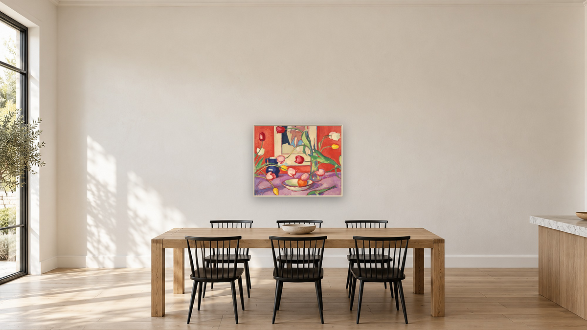 Tulips - The Blue Jug by Samuel John Peploe, shown at 32 × 40 in (81.3 × 101.6 cm) on canvas in Ramino Opaque White, kitchen