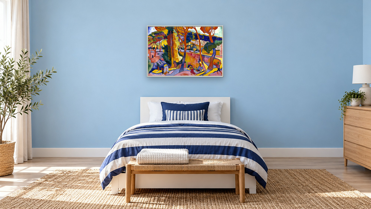 The Turning Road, l'Estaque by André Derain, shown at 28 × 42 in (71.1 × 106.7 cm) on canvas in Ramino Opaque White, kids' room