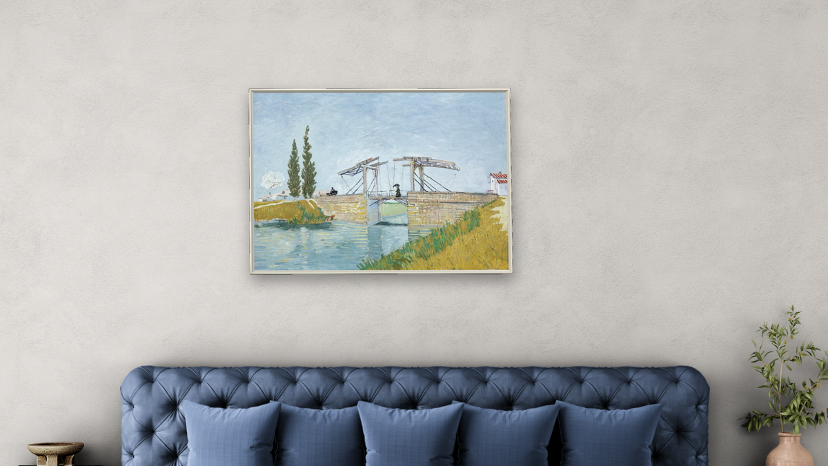 The Drawbridge by Vincent van Gogh, shown at 30 × 40 in (76.2 × 101.6 cm) on canvas in Ramino Opaque White, bedroom