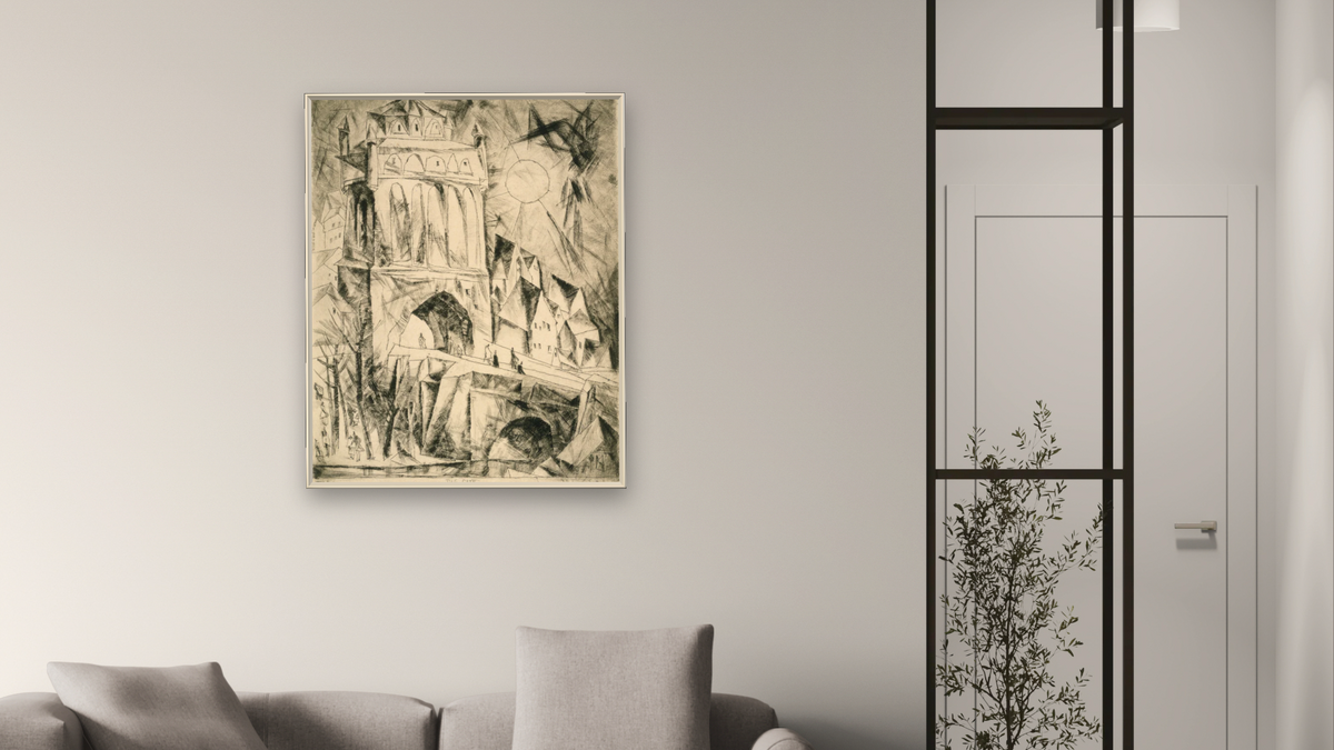 The Gate by Lyonel Feininger, shown at 32 × 40 in (81.3 × 101.6 cm) on canvas in Ramino Opaque White, living