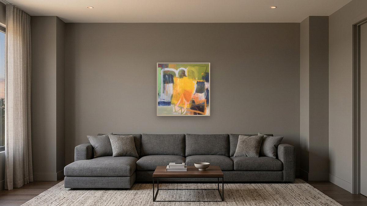 Summer By the Pool by Katherine Bello, shown at 32 × 32 in (81.3 × 81.3 cm) on canvas in Ramino Opaque White, media room