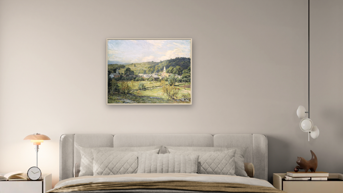 September Morning, Plainfield, New Hampshire by Willard LeRoy Metcalf, shown at 32 × 40 in (81.3 × 101.6 cm) on canvas in Ramino Opaque White, bedroom