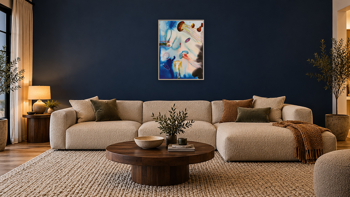 Small Jellyfish by Alexis Rockman, shown at 30 × 40 in (76.2 × 101.6 cm) on canvas in Ramino Opaque White, media room