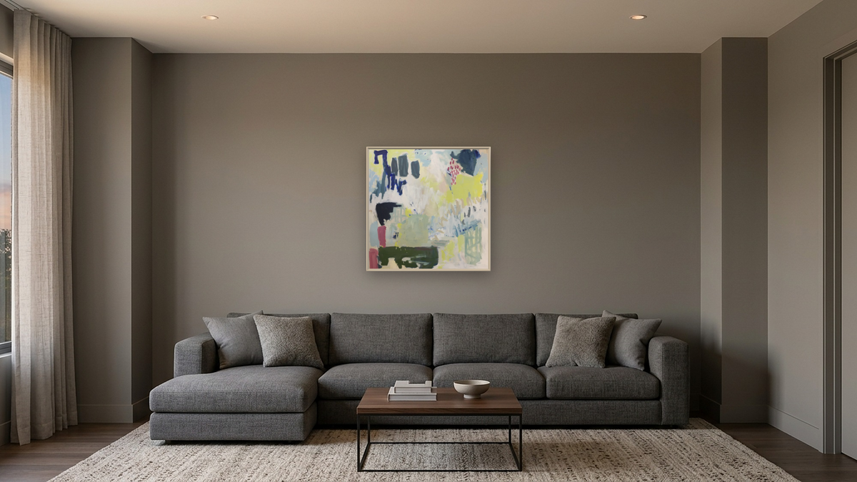 Garden Notes by Katherine Bello, shown at 32 × 32 in (81.3 × 81.3 cm) on canvas in Ramino Opaque White, media room