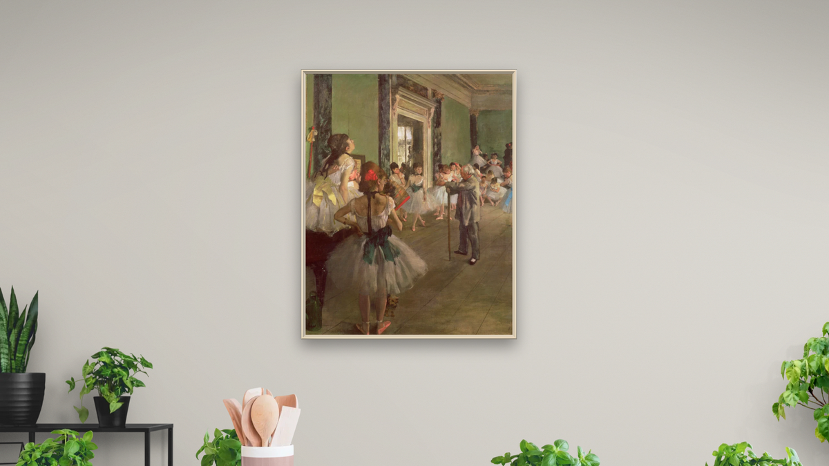 The Dancing Class by Edgar Degas, shown at 32 × 40 in (81.3 × 101.6 cm) on canvas in Ramino Opaque White, dining