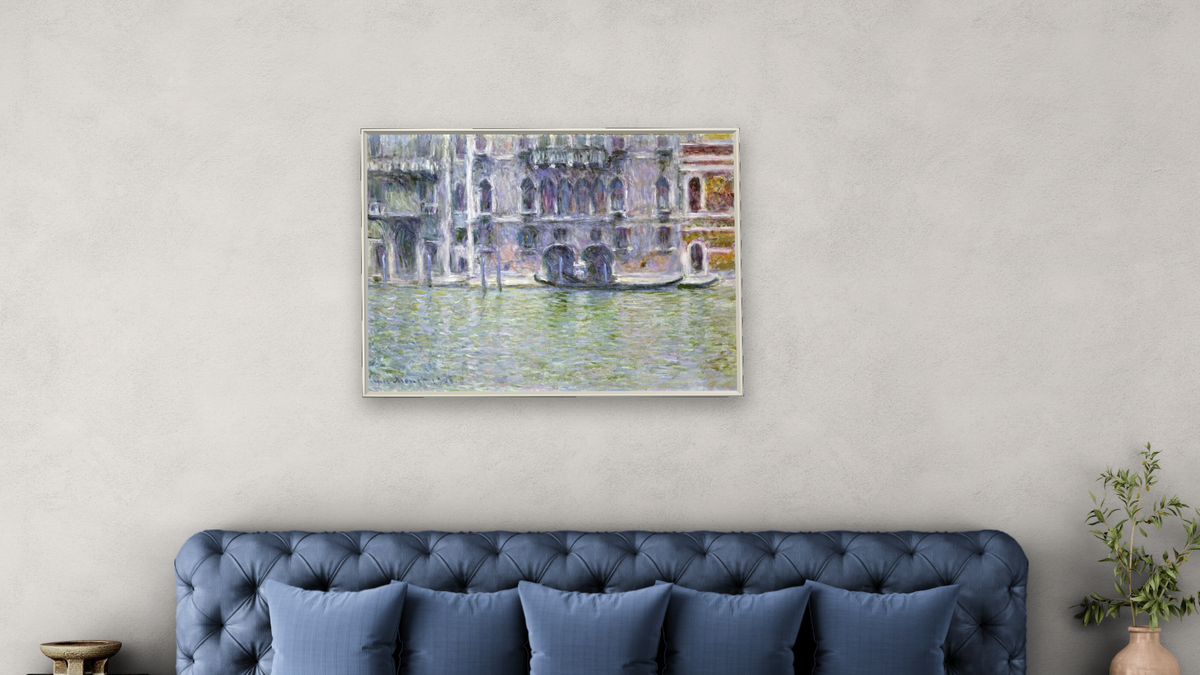 Le Palais Da Mula by Claude Monet, shown at 30 × 40 in (76.2 × 101.6 cm) on canvas in Ramino Opaque White, bedroom