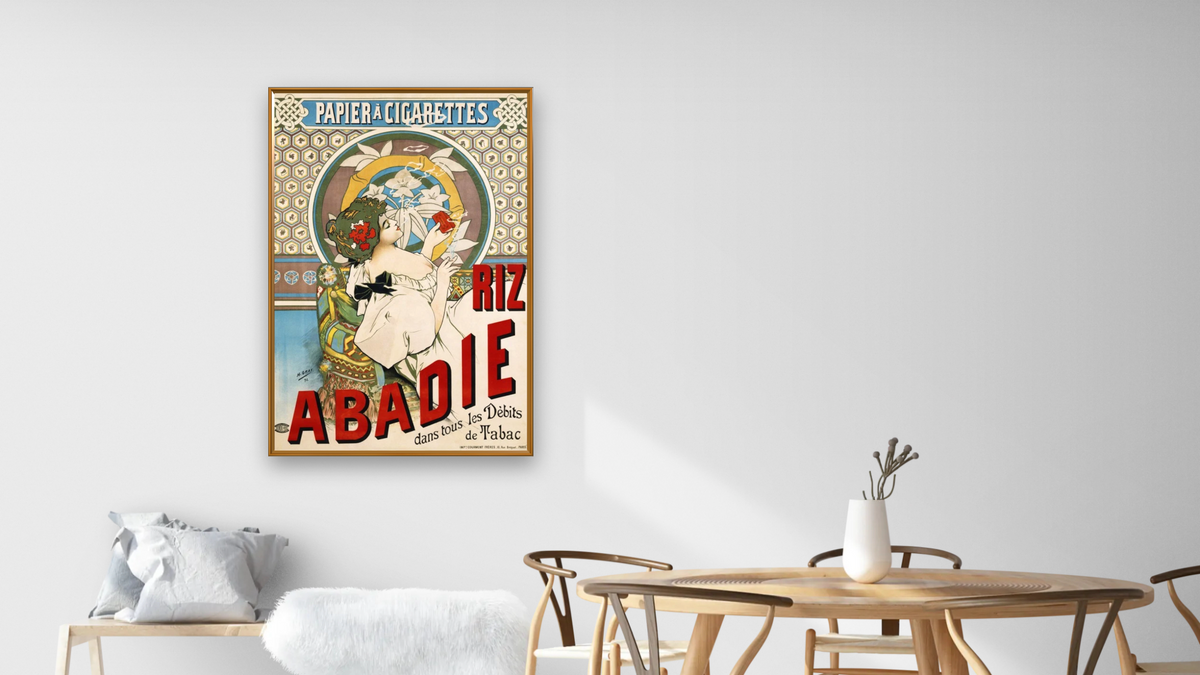 Riz Abadie Poster by H. Gray, shown at 28 × 42 in (71.1 × 106.7 cm) on canvas in Molto Polished Gold, dining