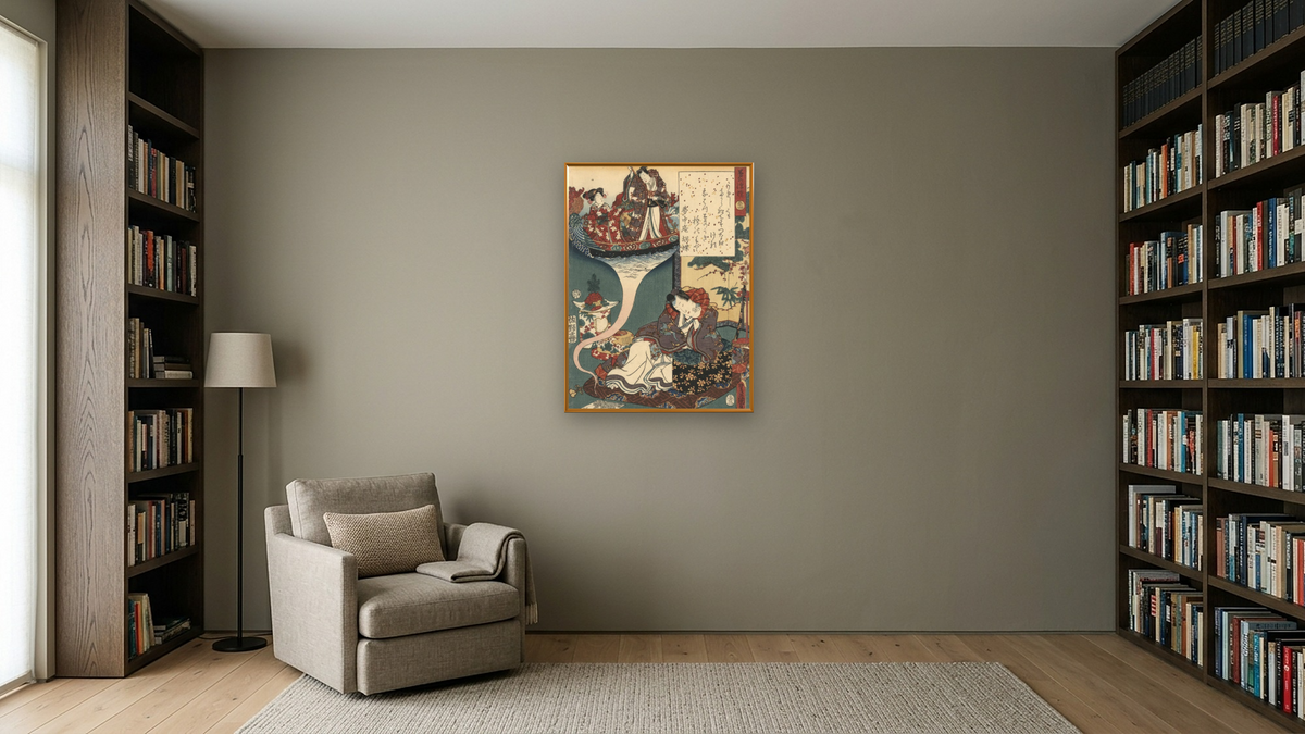 Dream Ukihashi by Utagawa Toyokuni, shown at 30 × 40 in (76.2 × 101.6 cm) on canvas in Molto Polished Gold, library
