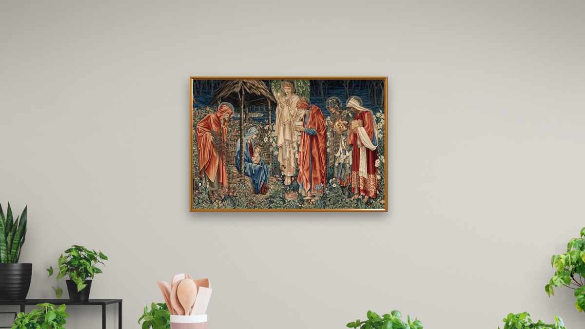 The Listener by Edward Burne-Jones, shown at 28 × 42 in (71.1 × 106.7 cm) on canvas in Molto Polished Gold, dining