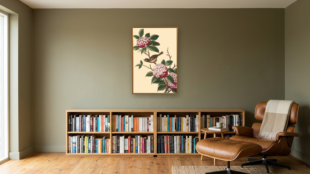Pink Viburnum with bird by Pierre Joseph Buchoz, shown at 28 × 42 in (71.1 × 106.7 cm) on canvas in Molto Polished Gold, library