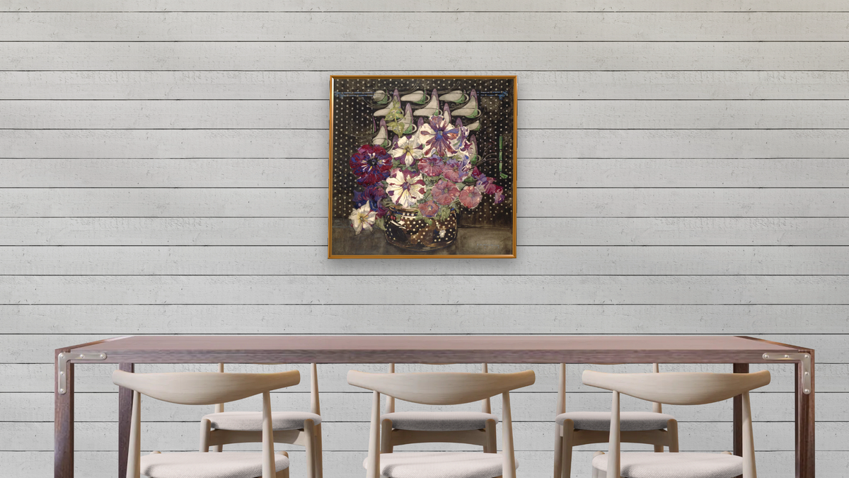 Petunias by Charles Rennie Mackintosh, shown at 32 × 32 in (81.3 × 81.3 cm) on canvas in Molto Polished Gold, dining