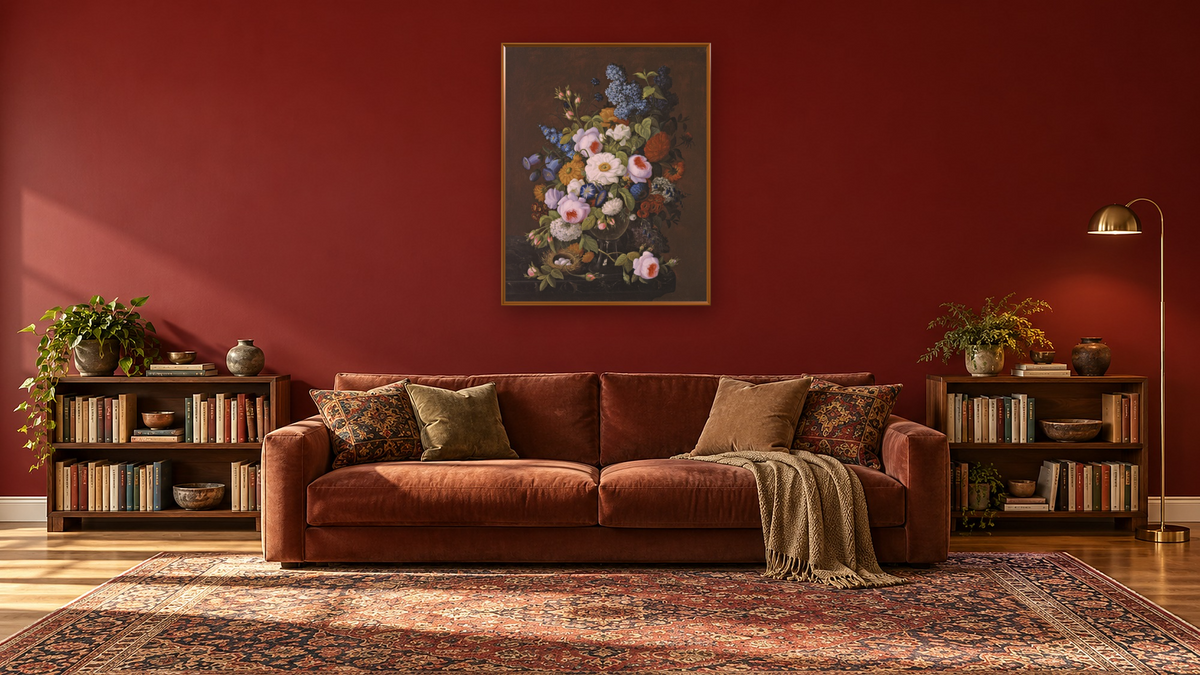 Floral Still Life by Severin Roesen, shown at 32 × 40 in (81.3 × 101.6 cm) on canvas in Molto Polished Gold, library