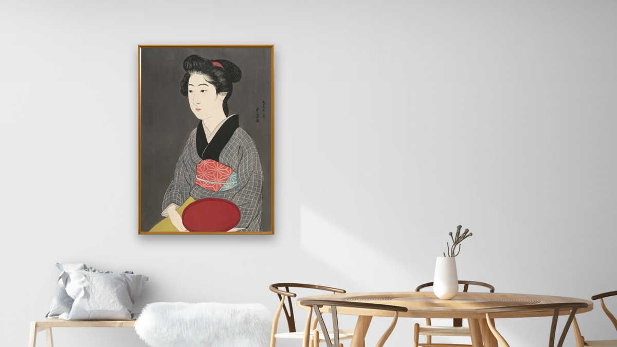 O-Nao with a Tray (O-nao) by Goyō Hashiguchi, shown at 28 × 42 in (71.1 × 106.7 cm) on canvas in Molto Polished Gold, dining