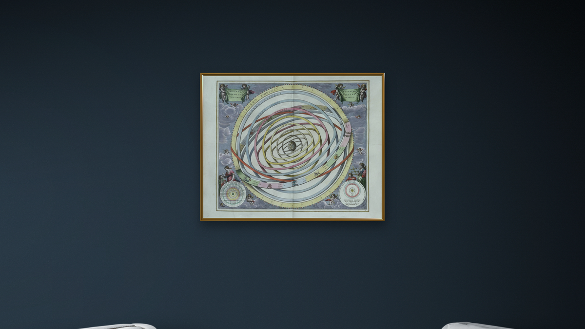 Plate 3 from Harmonia Macrocosmica by Andreas Cellarius, shown at 32 × 40 in (81.3 × 101.6 cm) on canvas in Molto Polished Gold, office