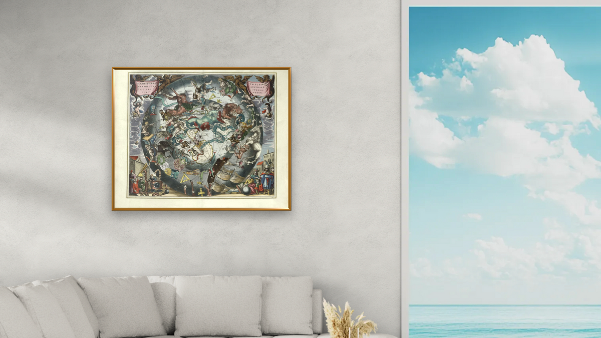 Plate 28 from Harmonia Macrocosmica by Andreas Cellarius, shown at 32 × 40 in (81.3 × 101.6 cm) on canvas in Molto Polished Gold, living