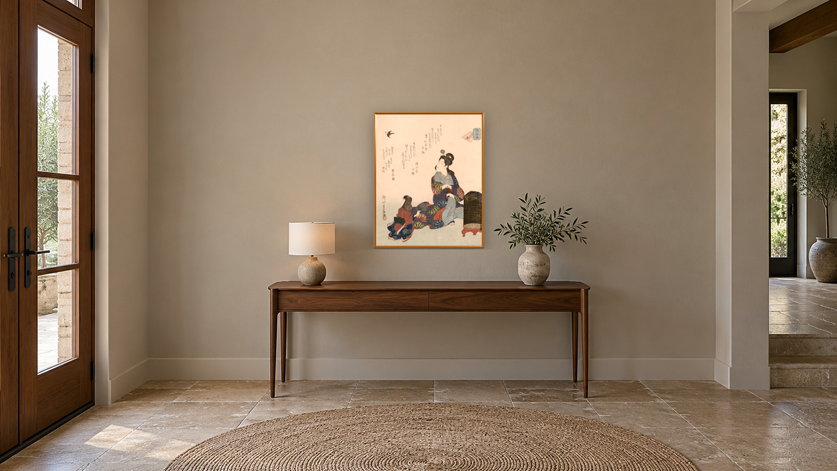 Kokoro no hana 'Flowers of the heart' by Yanagawa Shigenobu II, shown at 32 × 40 in (81.3 × 101.6 cm) on canvas in Molto Polished Gold, hallway
