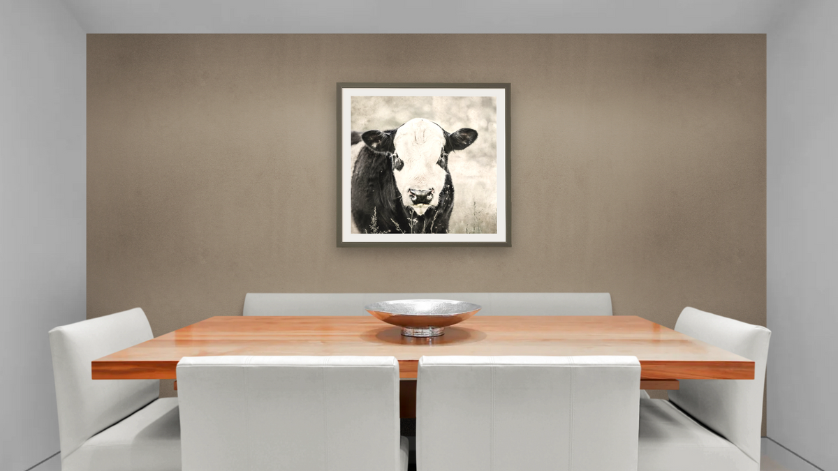 Dudeface by Brandon Luther, shown at 32 × 32 in (81.3 × 81.3 cm) in Ramino Satin Black, dining