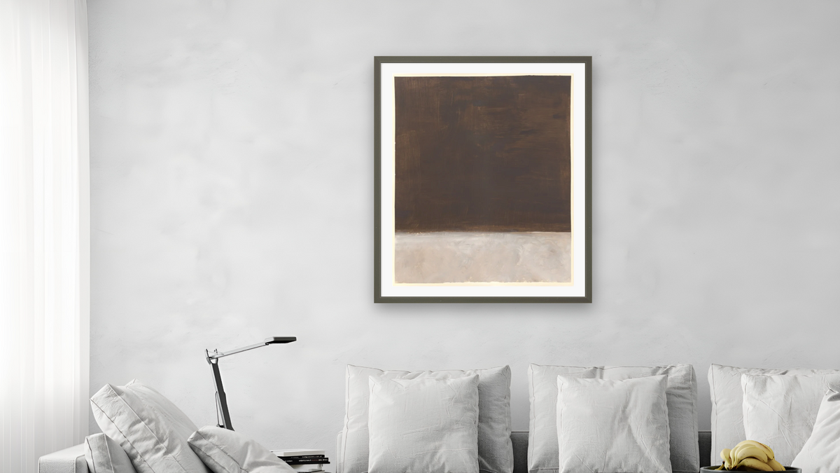 Untitled (brown and gray) by Mark Rothko, shown at 32 × 40 in (81.3 × 101.6 cm) in Ramino Satin Black, living
