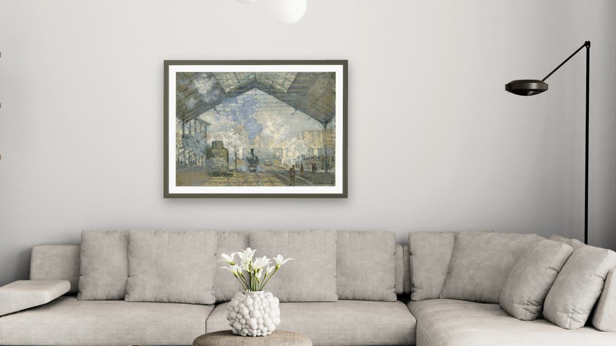 The Gare Saint-Lazare, 1877 by Claude Monet, shown at 30 × 40 in (76.2 × 101.6 cm) in Ramino Satin Black, living