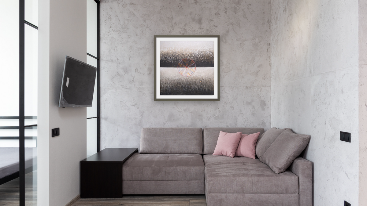 Group IX/SUW, No. 10, The Swan by Hilma af Klint, shown at 32 × 32 in (81.3 × 81.3 cm) in Ramino Satin Black, media room