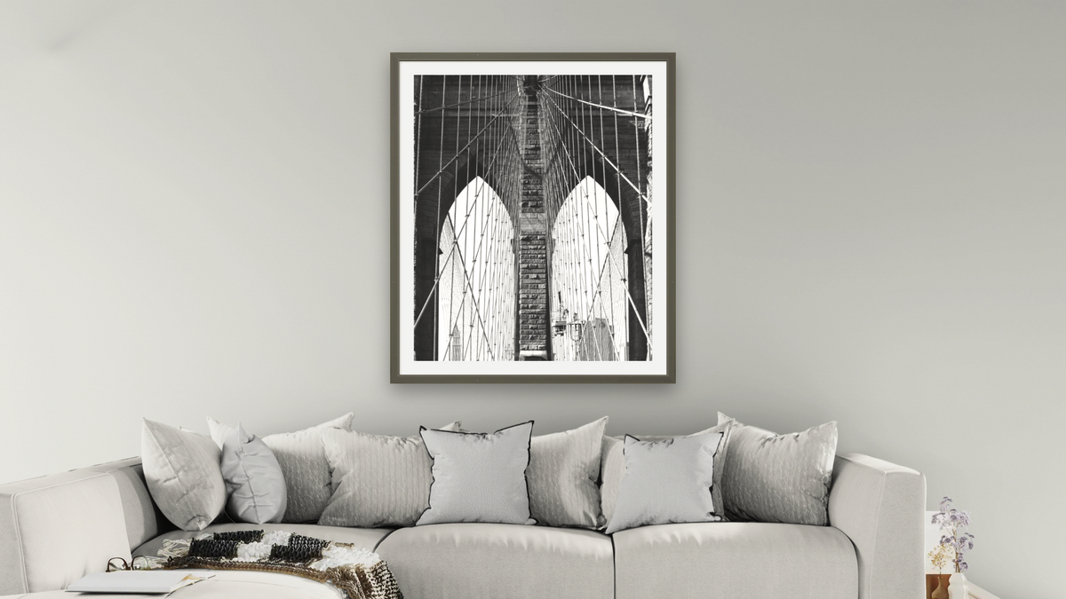 Brooklyn Bridge #4 by Gordon Osmundson, shown at 32 × 40 in (81.3 × 101.6 cm) in Ramino Satin Black, living