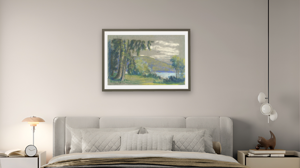 Landscape from A.B. Davies book, edition #3/50 by Arthur Bowen Davies, shown at 28 × 42 in (71.1 × 106.7 cm) in Ramino Satin Black, bedroom