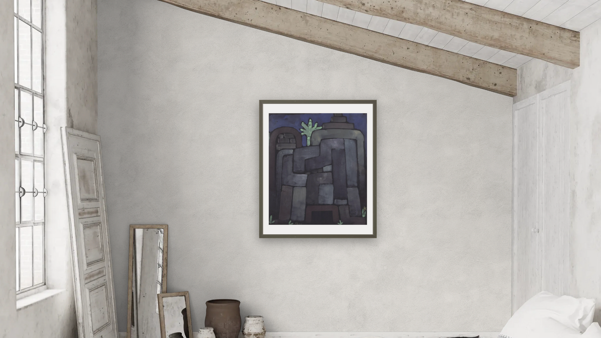Ilfenburg, 1935 by Paul Klee, shown at 32 × 40 in (81.3 × 101.6 cm) in Ramino Satin Black, bedroom