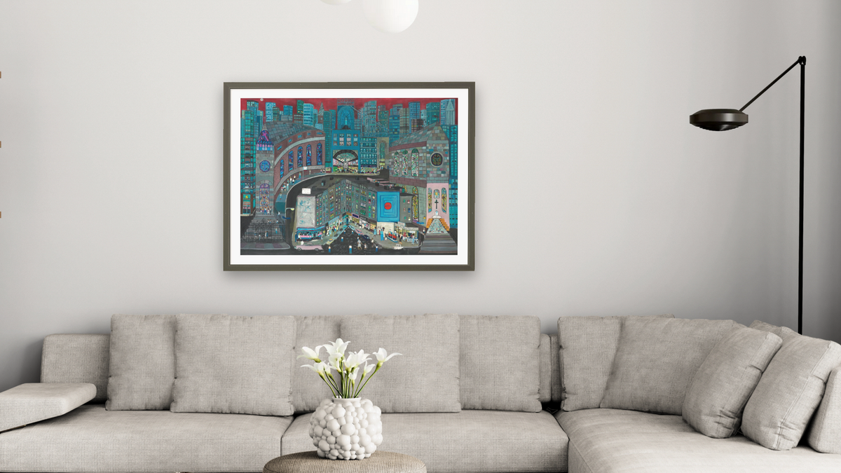 Queen City by Ralph Fasanella, shown at 30 × 40 in (76.2 × 101.6 cm) in Ramino Satin Black, living