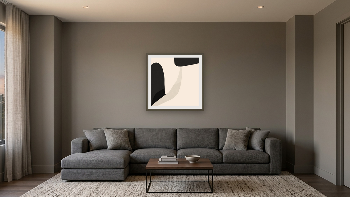 Minimal Shapes 1 by Dan Hobday, shown at 32 × 32 in (81.3 × 81.3 cm) in Ramino Satin Black, media room