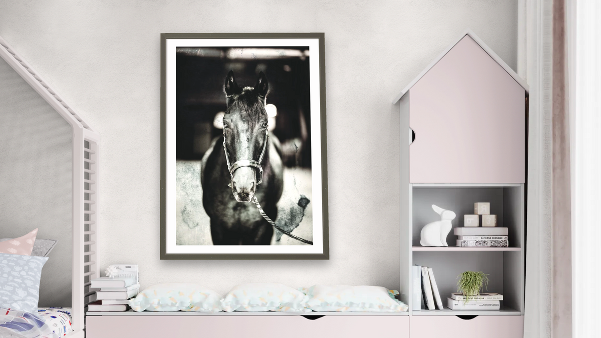 Sunday Blues by Brandon Luther, shown at 28 × 42 in (71.1 × 106.7 cm) in Ramino Satin Black, bedroom