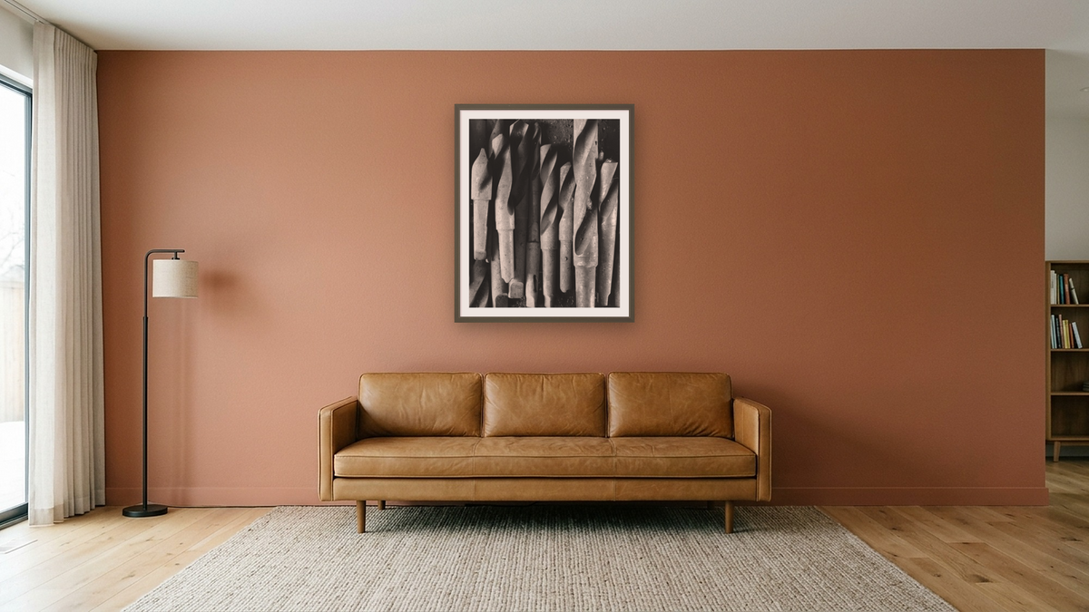 Drill Bits by Gordon Osmundson, shown at 32 × 40 in (81.3 × 101.6 cm) in Ramino Satin Black, media room
