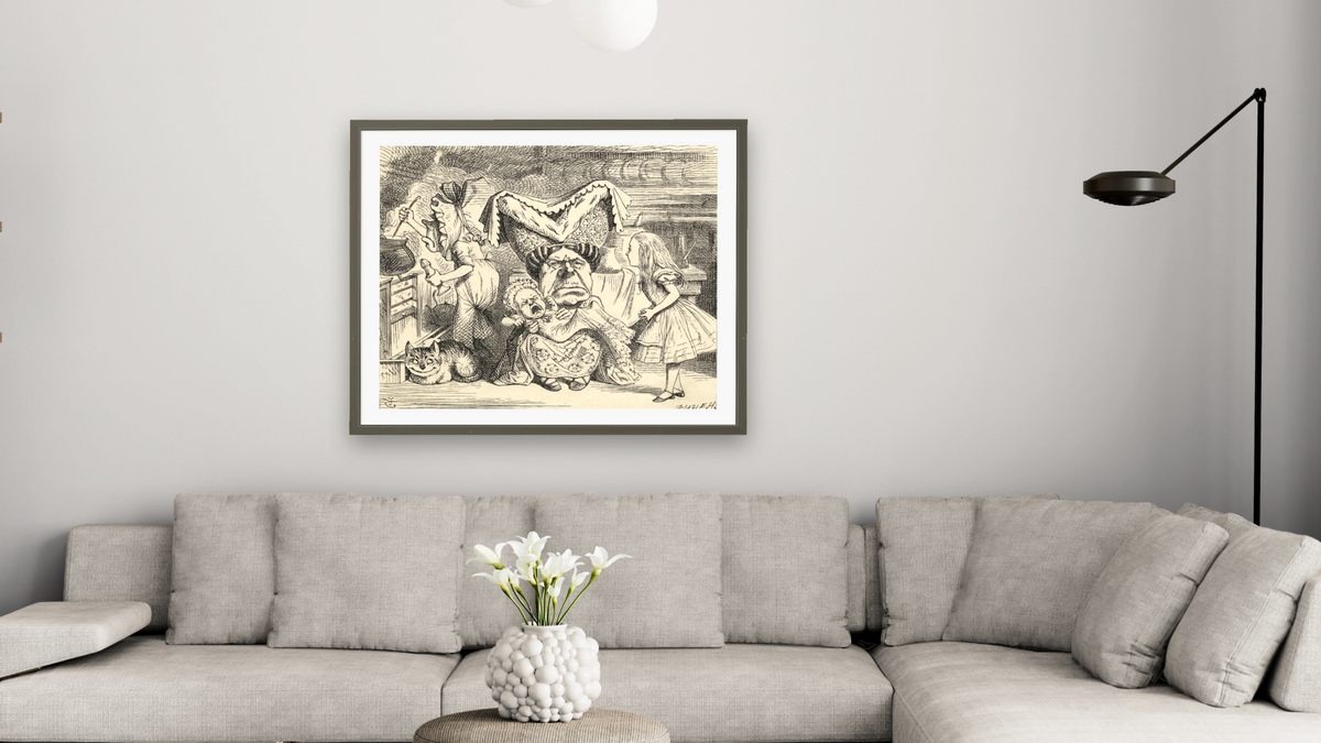 The Duchess with her family, from 'Alice's Adventures in Wonderland' by Lewis Carroll by John Tenniel, shown at 32 × 40 in (81.3 × 101.6 cm) in Ramino Satin Black, living