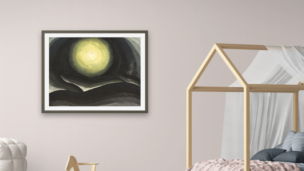 Moon by Arthur Garfield Dove, shown at 32 × 40 in (81.3 × 101.6 cm) in Ramino Satin Black, bedroom