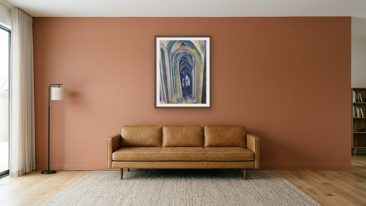 Saint-Séverin by Robert Delaunay, shown at 30 × 40 in (76.2 × 101.6 cm) in Ramino Satin Black, media room