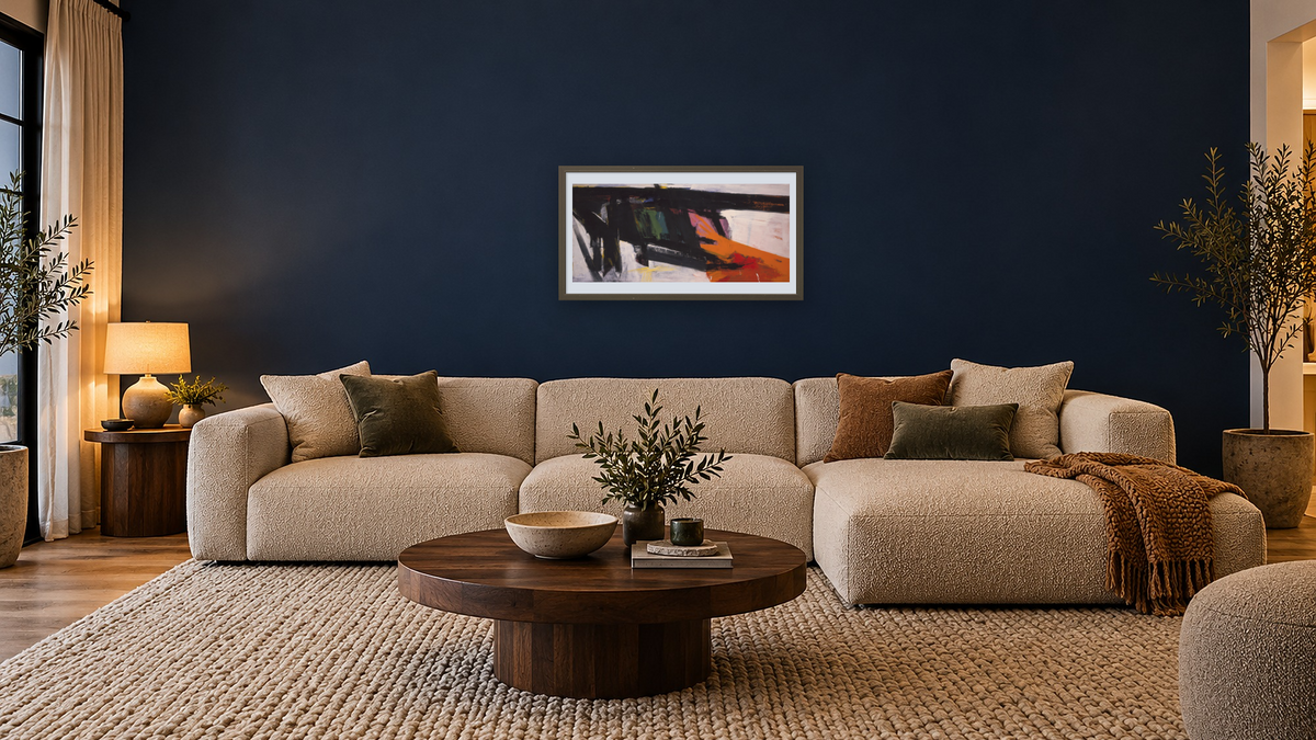 Orange and Black Wall by Franz Kline, shown at 20 × 40 in (50.8 × 101.6 cm) in Ramino Satin Black, media room