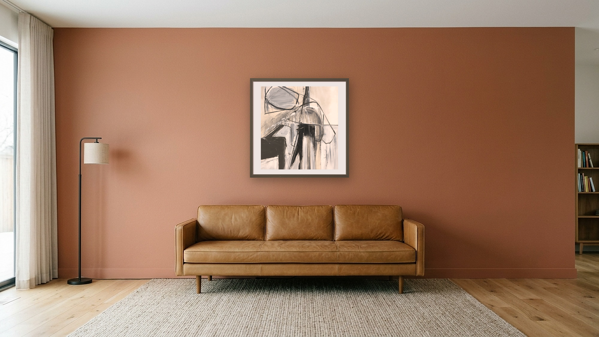 Motion Signals by Kelly O'Neal, shown at 32 × 32 in (81.3 × 81.3 cm) in Ramino Satin Black, media room