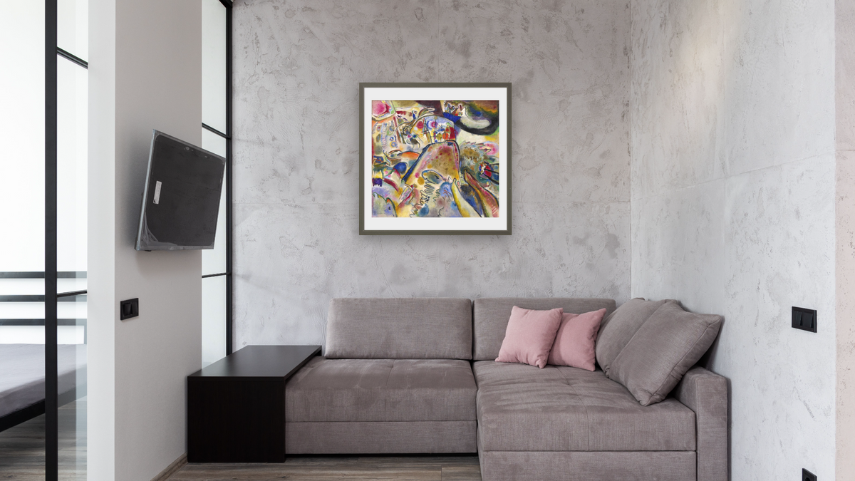 Small Pleasures, shown at 32 × 32 in (81.3 × 81.3 cm) in Ramino Satin Black, media room