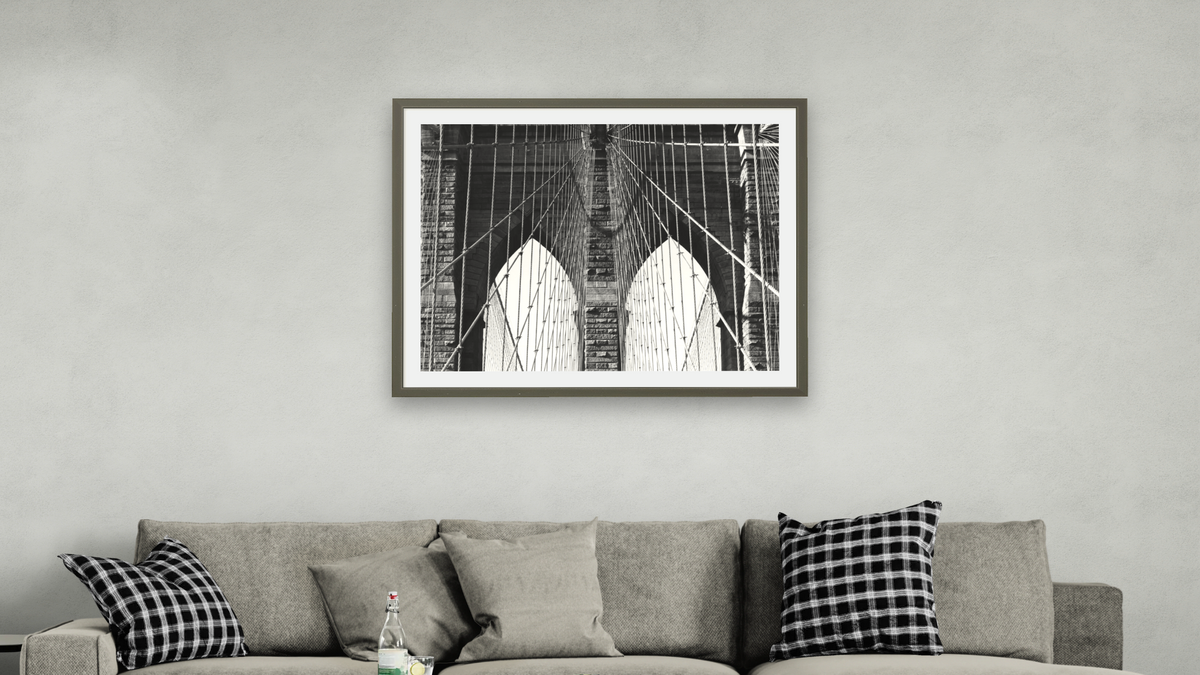 Brooklyn Bridge #5 by Gordon Osmundson, shown at 32 × 40 in (81.3 × 101.6 cm) in Ramino Satin Black, living