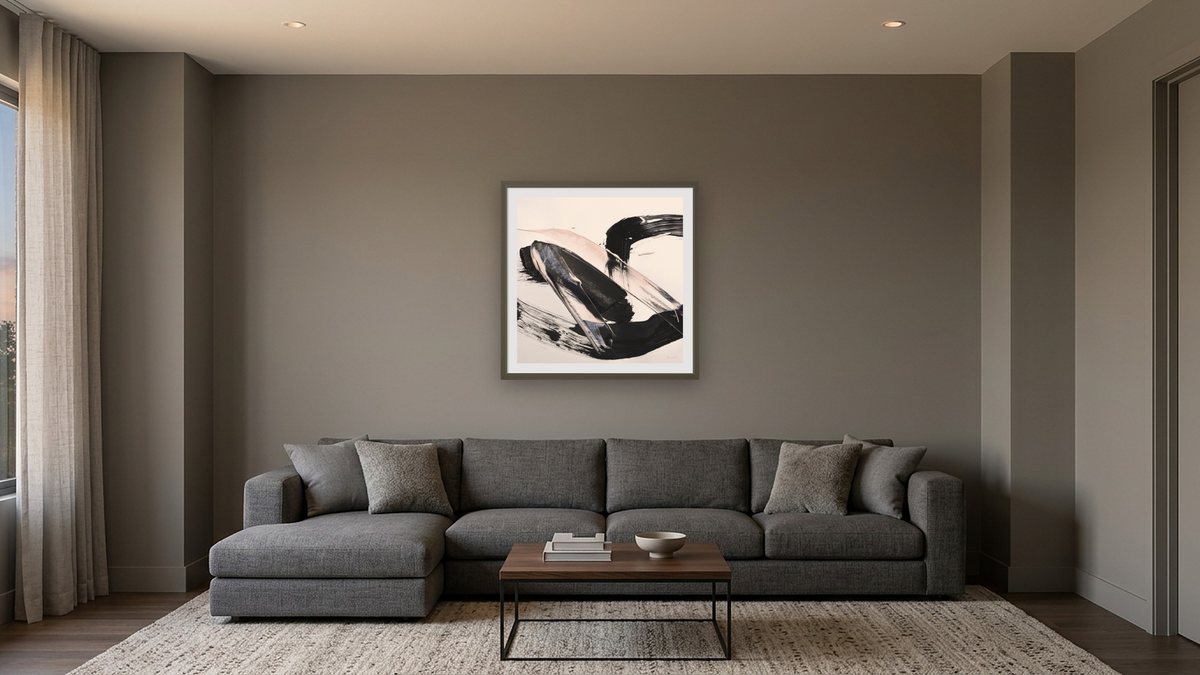 Peach Black Blast by Dan Hobday, shown at 32 × 32 in (81.3 × 81.3 cm) in Ramino Satin Black, media room